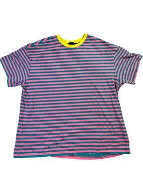Trendy Queen Pink Teal Striped Neon Yellow Crewneck Oversized T Shirt XXL